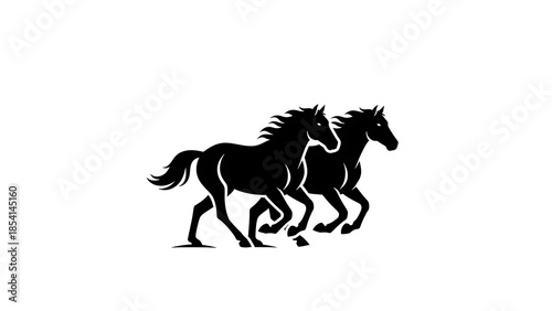 Two black horses running side by side in motion