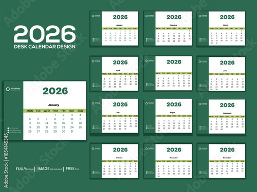 Desk calendar design template 2026  New Year 2026 table calendar  Monthly planner .