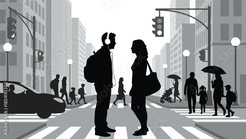 Silhouettes of people in a busy urban crosswalk, city life concept