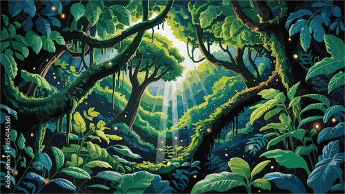 Vibrant jungle scene with lush greenery and fireflies
