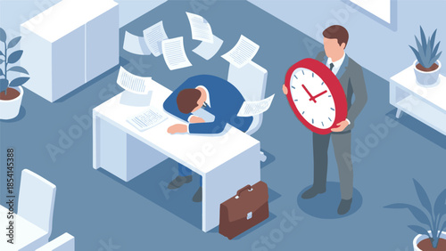 Overworked businessman exhausted at desk with flying papers and clock