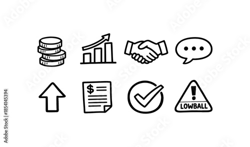Collection of hand-drawn business icons representing finance, growth, agreement, and communication