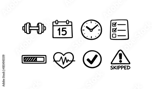 Doodle icons representing fitness, time management, health, and task completion