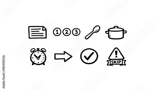 Doodle icons representing steps, time, and cooking process with skip option