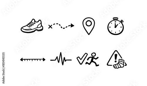 Running and fitness icons representing distance, route, location, time, and injury