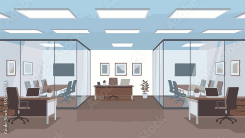 Modern corporate office interior with glass meeting rooms and workstations