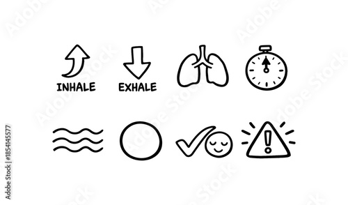 Doodle icons representing breathing exercises, lungs, and well-being