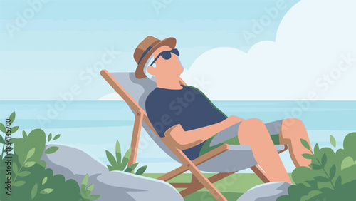 Senior man in hat and sunglasses relaxing on a beach chair by the ocean