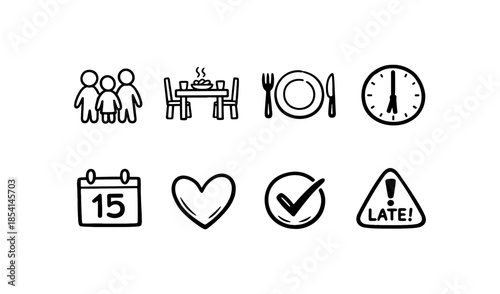 Set of simple hand-drawn icons representing family, dining, time, and important events