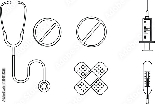 Clean white neat icons of neat stethoscope pill syringe bandage thermometer health set