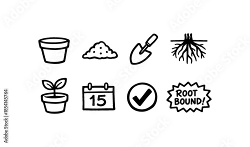 Gardening icons for planting, soil, and root bound plants