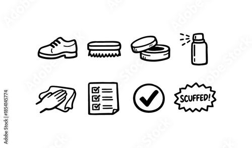 Hand-drawn icons for shoe care, cleaning, and maintenance tasks
