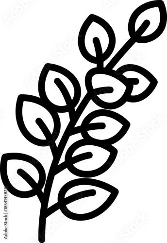 A stylized minimalist illustration of a sprig of leaves on a stem, in black and white outline