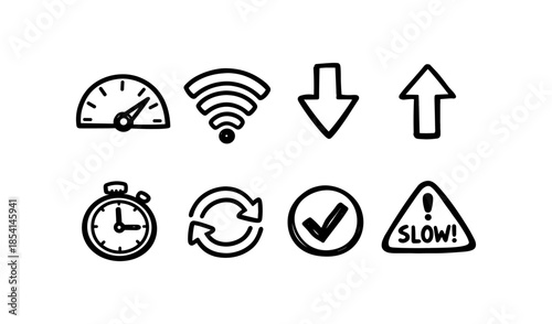 Hand-drawn icons for speed, connectivity, time, and status updates