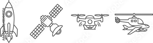 Clean white neat icons of neat rocket satellite drone helicopter plane air set