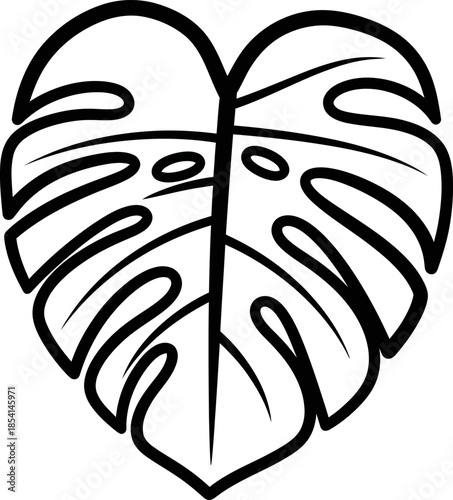 Elegant botanical illustration featuring a stylized Monstera deliciosa leaf artfully shaped into a heart, symbolizing nature's love and tropical beauty in a clean line drawing