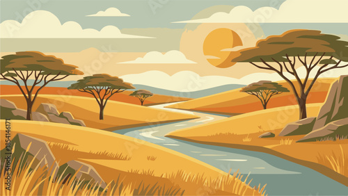 Sunset landscape of African savannah with river and acacia trees