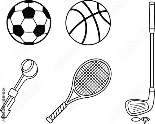 Clean white bold icons of neat soccer ball basketball tennis racket golf club sport set