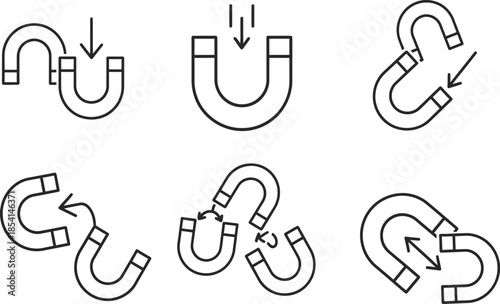 Clean white bold icons of neat magnet horseshoe pull attract force set