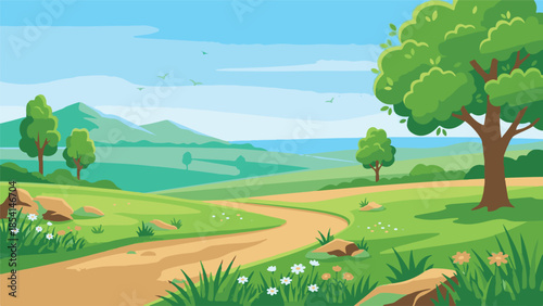 Idyllic cartoon landscape with green hills, path, trees, and mountains.