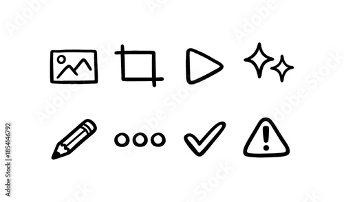 Set of simple hand-drawn icons for user interface elements and actions