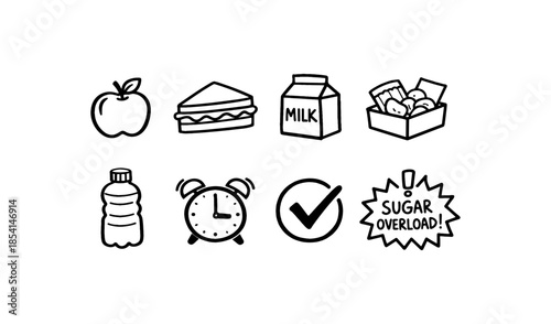 Healthy lunchbox icons including apple, sandwich, milk, and water bottle