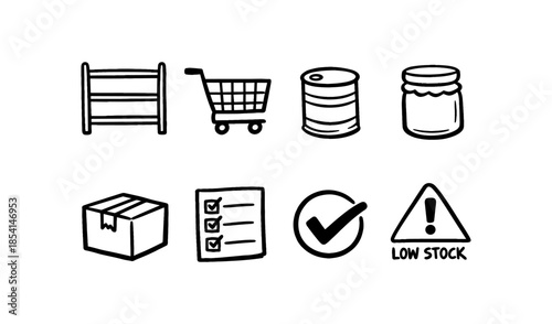 Simple hand-drawn icons representing inventory, shopping, and logistics concepts