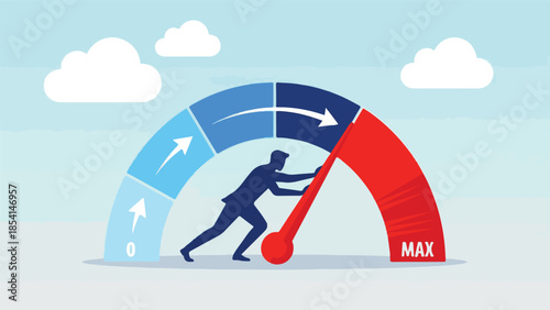 Determined businessman pushing a performance meter to maximum level