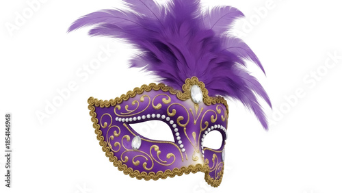 Billede på lærred Ornate purple and gold masquerade mask with feathers isolated PNG, elegant Venet