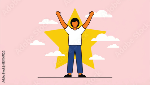 Illustration of person achieving goals, arms raised triumphantly against a star