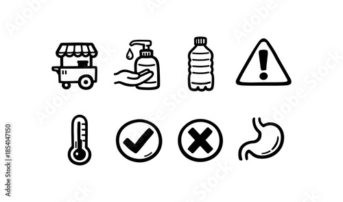 Set of icons representing food safety and hygiene practices for public health