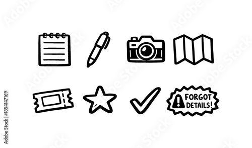 Hand-drawn icons for travel planning, notes, and reminders