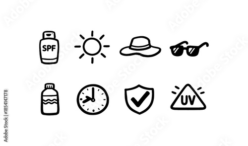 Summer protection icons: sunscreen, sun, hat, sunglasses, water, clock, shield, and UV warning