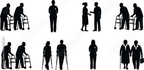 Elderly people silhouette set illustration, senior citizens walking talking resting collection, healthcare aging lifestyle concept isolated on white background