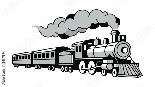 Classic steam train with passenger cars emitting smoke illustration