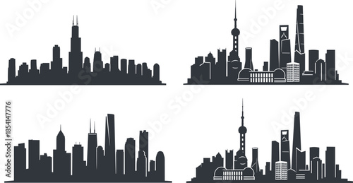 Modern city skyline silhouettes set, urban buildings panorama, downtown skyscrapers illustration, metropolitan architecture design isolated on white background
