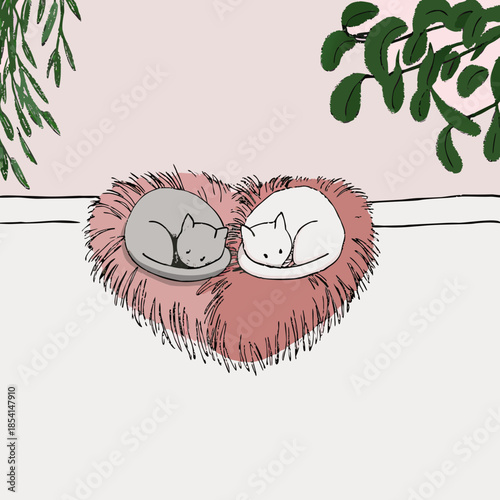 Two Cats Sleeping Tail Illustration