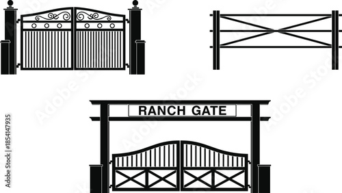 Ranch gate silhouette set illustration, wooden farm fence entrance collection, countryside rural property boundary designs isolated on white background