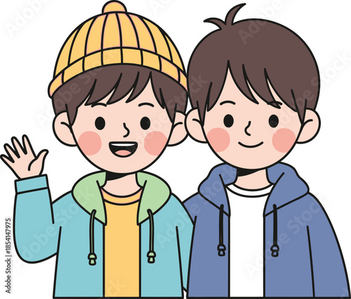 Joyful cartoon boys illustration showcasing childhood friendship, one waving happily while the other smiles warmly, perfect for diverse kids' projects.