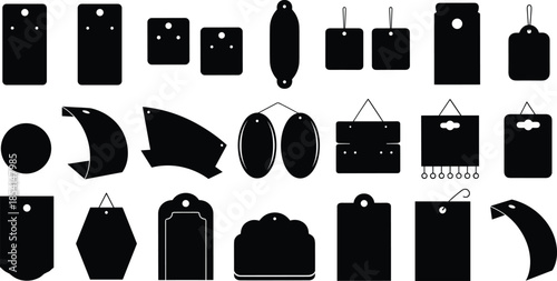 Retail shopping bag tag silhouette set illustration, paper plastic packaging labels collection, branding price tag icons isolated white background