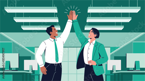 Diverse colleagues celebrating success with high five in modern office