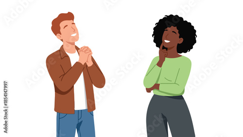 Smiling Man Wishing and Thoughtful Woman Pondering