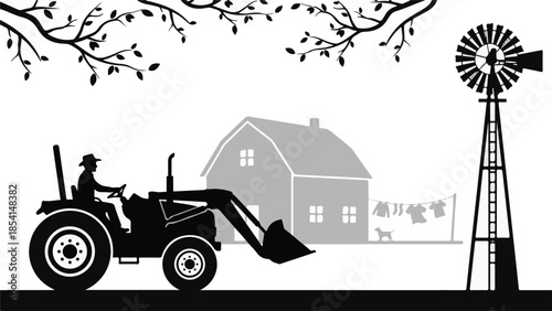 Farm scene illustration with tractor, barn, windmill, and farmer silhouette