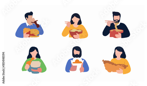 Unhealthy diet fast food consumption flat vector people set