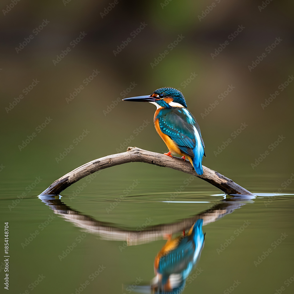 Fototapeta premium A common kingfisher perched on branch over calm water
