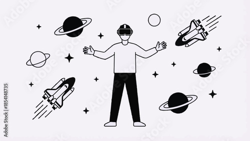 Immersive virtual reality experience in space with planets and shuttles