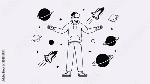 Metaverse exploration with VR headset, surrounded by space elements
