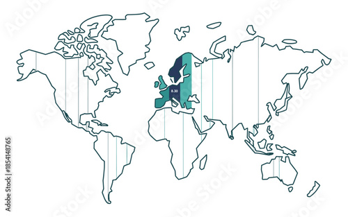 Detailed world map with highlighted European region and statistical data