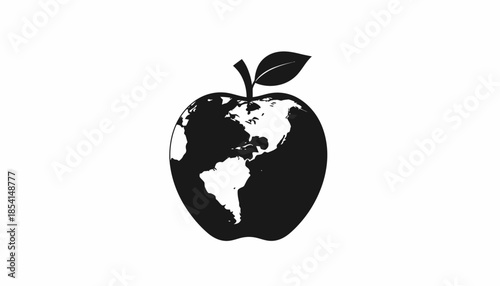 Apple shaped world map illustration in black and white, symbolizing global health and environment.