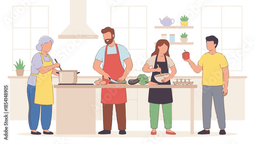 Family cooking together in modern kitchen, preparing healthy food